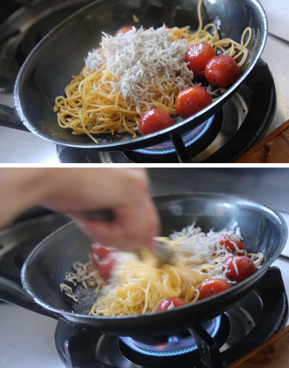紫蘇の香り増し増しのしらすとプチトマトのパスタ炒め